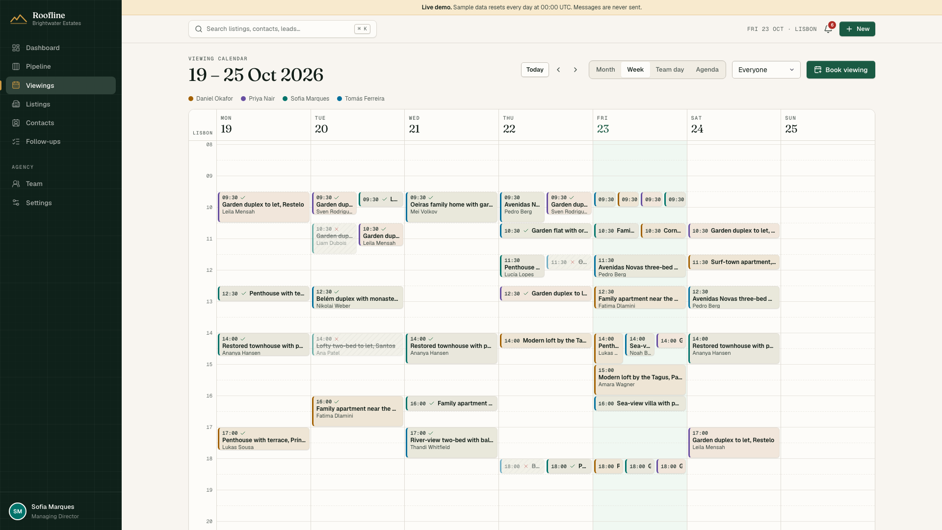 Roofline's week calendar with agent viewings and property appointments