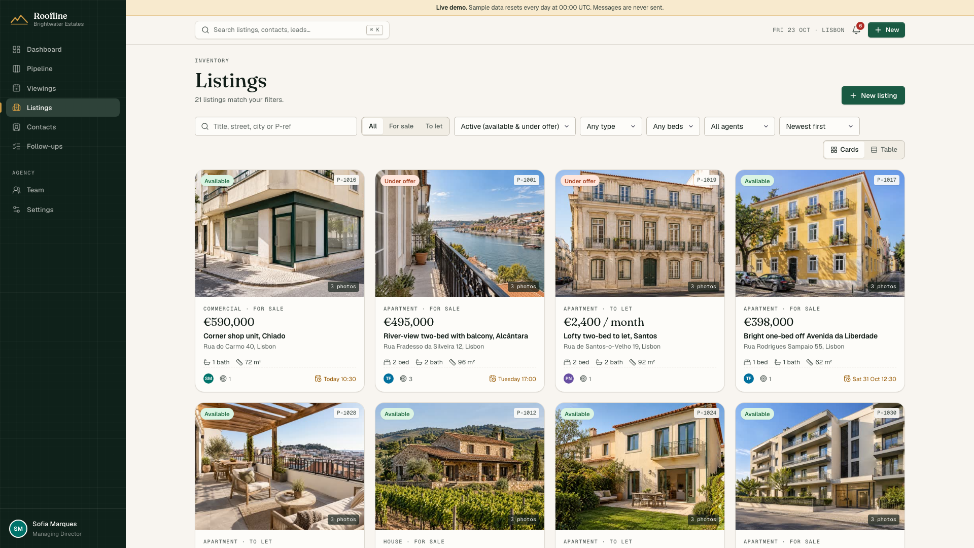 Roofline property inventory showing sale and rental listings with photos